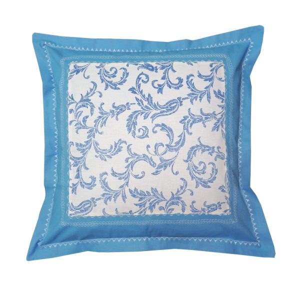 Fata perna decorativa, Casa bucuriei, model Ilinca, albastru/alb, bumbac 100%, 50 x 50 cm