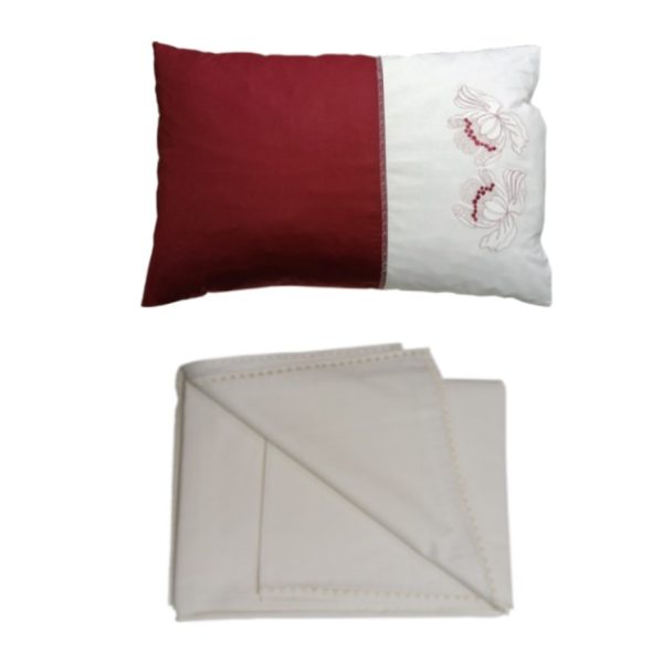 Set cearsaf pat si Husa perna decorativa Iris, Casa Bucuriei, broderie, bordo/crem, bumbac ranforce 100%, 220/160, 50/70