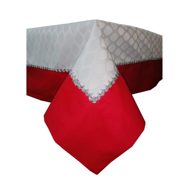 Set Fata de masa si 12 servetele Casa Bucuriei, model Festiv, alb/rosu/argintiu, brocart, bordura decorativa, 180 x 280cm