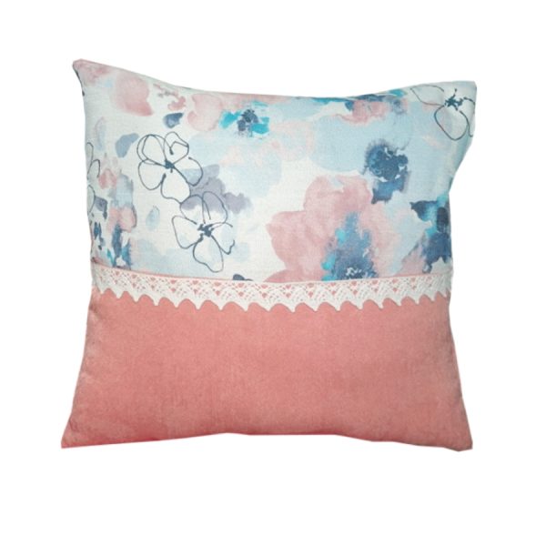 Husa Perna decorativa Casa Bucuriei, roz somon/bleumarin, 38/38 cm