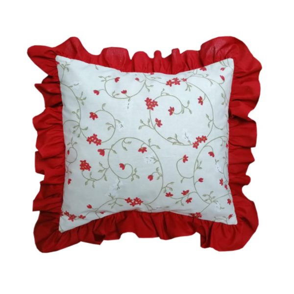 Set 2 x Fata perna Ioana, volane, rosu/cream, bumbac 100%, satinat, 45/45 cm