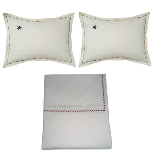 Set Lenjerie pentru pat 200 x 200 cm, Casa Bucuriei, model Elegance, 3 piese, bej/grena, bumbac natural 100%, 280 cm x 280 cm