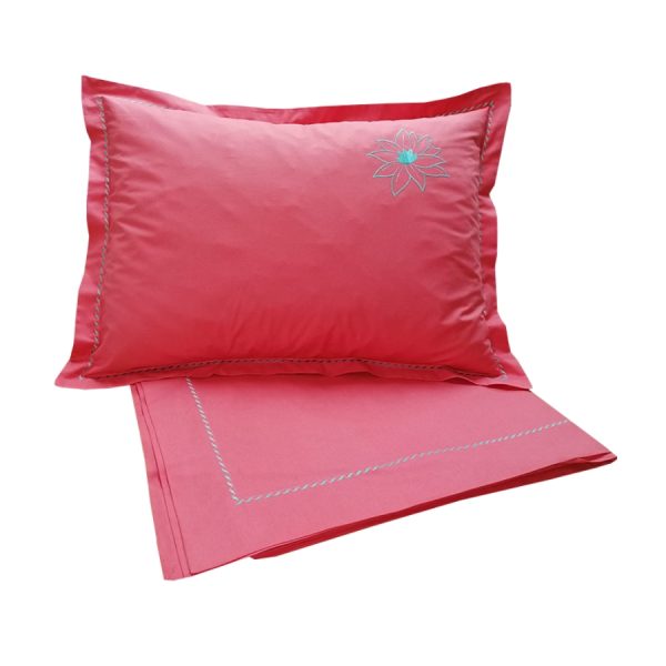 Fata perna brodata 50 x 50 cm, Casa bucuriei, model Water Lily, coral/turcoaz, bumbac 100%