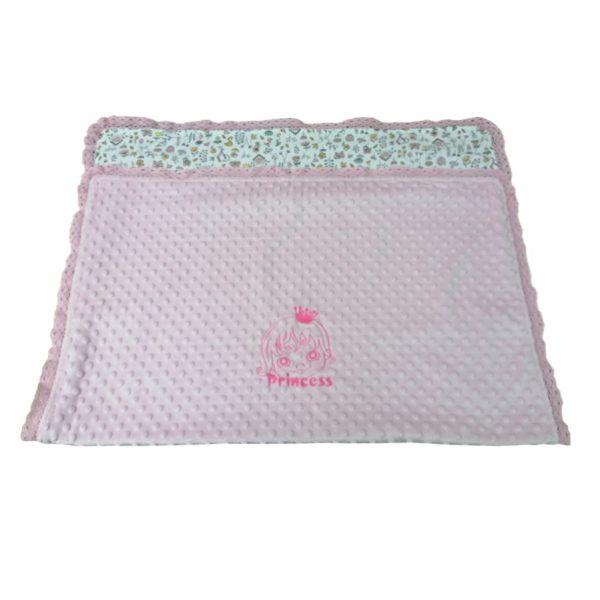 Paturica copii, Casa Bucuriei, fata dubla, broderie si dantela, roz pal, plus minky si muselina, 90/120 cm