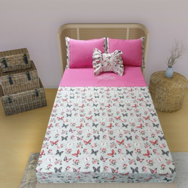 Lenjerie pat o persoana, Eva, broderie, 4 piese, roz/multicolor, bumbac 100%, ( husa pilota 140 x 200, cearsaf pat 180 x 240, 1 x husa perna 50/70 cm si 1 x husa perna decorativa 35 x 50 cm)