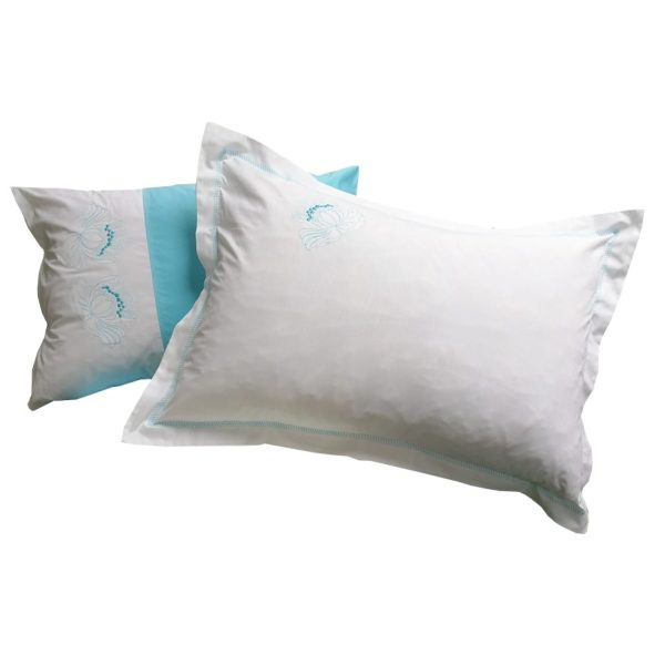 Set 2 x Fata perna Iris si Clasic Iris, broderie, alb/albastru turcoaz, bumbac percale, 50/70cm