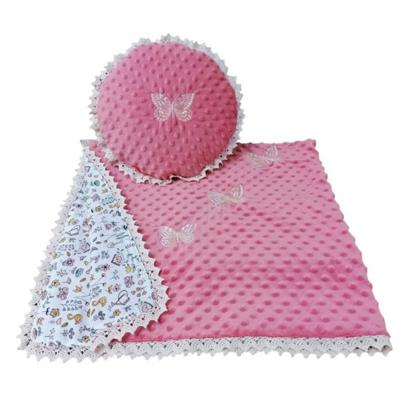 Set copii, fata dubla, broderie si dantela bumbac, coral/bej, plus minky si muselina, 1 x patura 90/120 cm si 1 x perna 35 cm