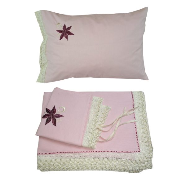 Set Lenjerie pat brodata 220 cm x 250 cm, Casa Bucuriei, model Dulcis, 3 piese, roz prafuit, bumbac natural 100%