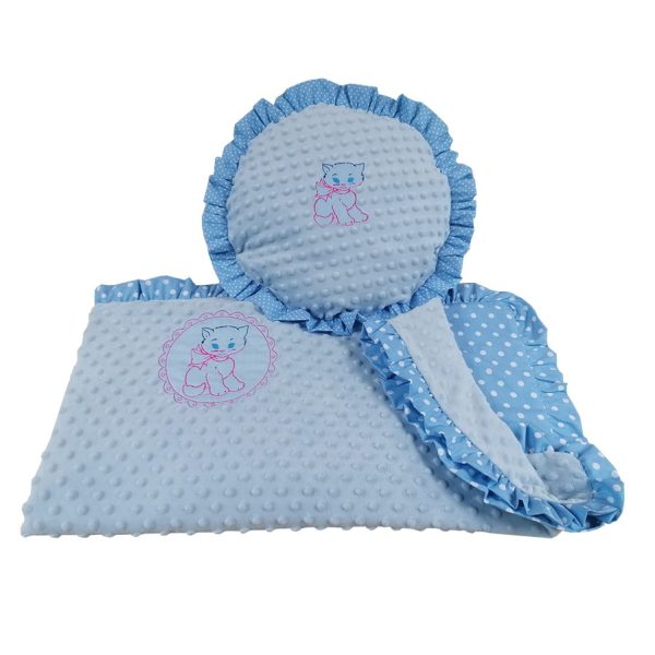 Set copii, fata dubla, broderie si volane, 2 piese bleu/alb, plus minky si bumbac, 1 x patura 90/120 cm si 1 x perna diametru 40 cm