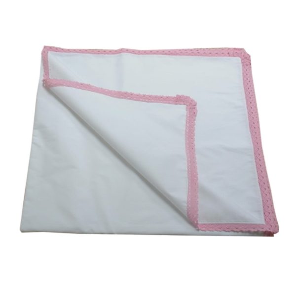 Cearsaf pat 170 x 240 cm, Casa Bucuriei, alb, bumbac percal 100%, bordura dantela bumbac roz