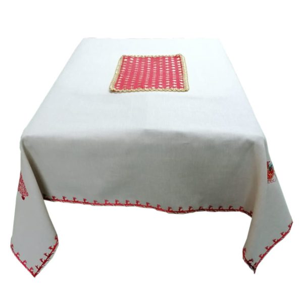 Fata de masa, broderie si bordura decorativa reni rosii, crem/rosu, imitatie in,130 x 130