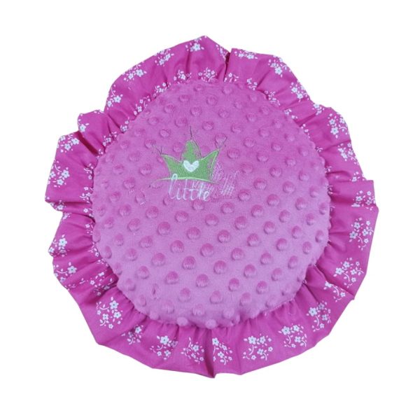 Perna decorativa cu broderie si volane, roz vintage, plus minky, diametru 30 cm