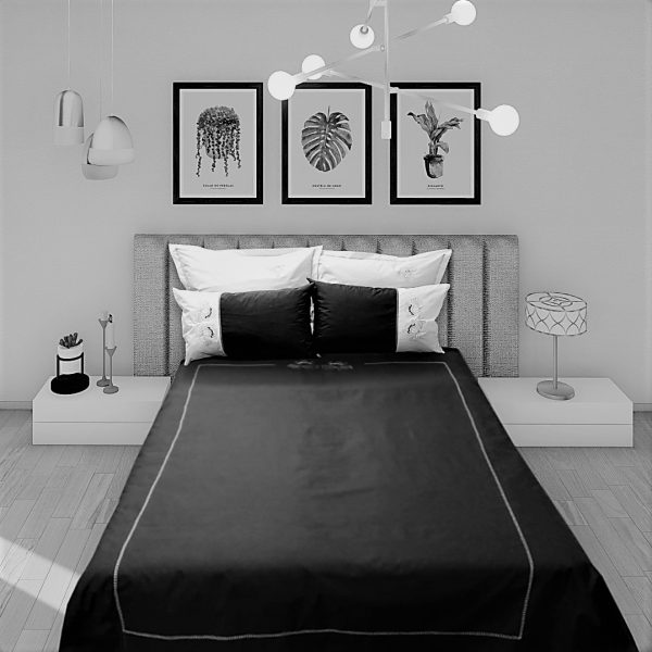 Set Husa pilota brodata, 240 x 260 cm, Casa Bucuriei, model Iris, 5 piese, negru/alb, bumbac organic lux 100%