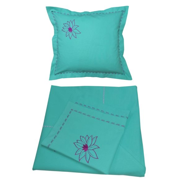 Set Lenjerie pat extraking, Casa Bucuriei, model Water Lily, 3 piese, turcoaz/mov, bumbac natural 100%, 260 cm x 240 cm