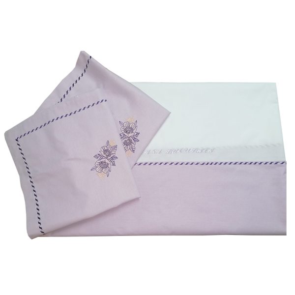 Set lenjerie pat 220 x 250 cm, Casa Bucuriei, model Elegance, 3 piese, alb/lila, bumbac natural 100%, broderie