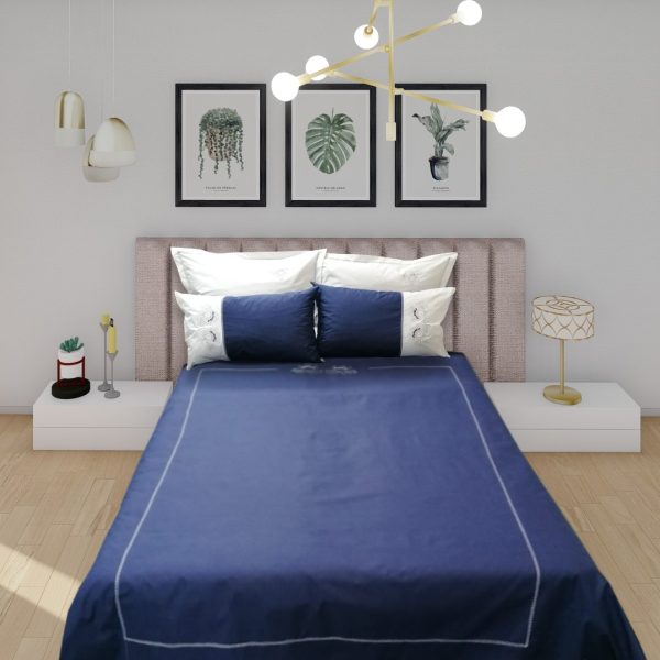 Lenjerie pat Super King, Casa Bucuriei, broderie, 6 piese, alb/bleumarin, bumbac percale 100% (1 husa pilota 220x200, 1 cearsaf de pat cu elastic 280 x 260 cm, 2 perna 50x70, 2 perne decorative 50x70)