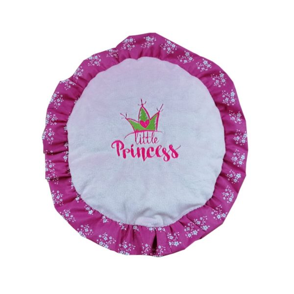 Perna decorativa cu broderie si volane, roz , plus minky, diametru 36 cm