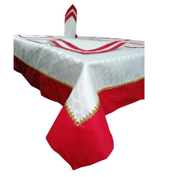 Set Fata de masa si 6 servetele Casa Bucuriei, model Festiv, alb/rosu/auriu, brocart, bordura decorativa, 145 cm x 145cm
