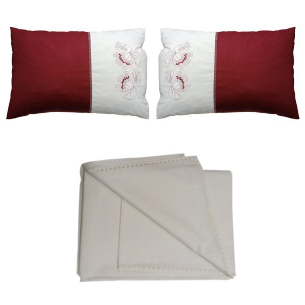 Set 1 x cearsaf pat si 2 x Husa perna decorativa Iris,broderie, bordo/crem, bumbac ranforce 100%, 240/220, 50/70