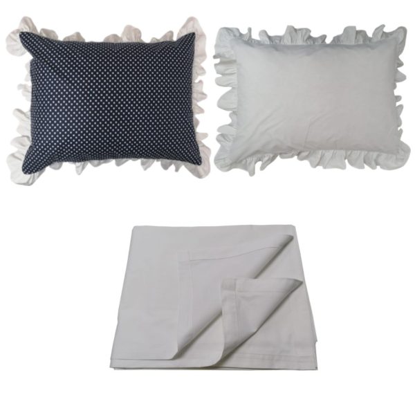 Set 1 x cearsaf pat si 2 x Husa perna volane Valentina, bumbac ranforce 100%, alb/albastru, 280/260, 50/70