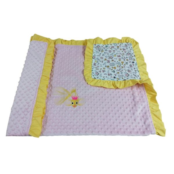 Paturica copii, fata dubla, broderie si volane, roz /galben, plus minky si muselina din bumbac 100%, 1 x patura 90/120 cm