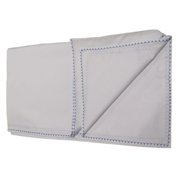 Cearsaf cu elastic pentru saltea 200 x 200 cm, Casa Bucuriei, alb/albastru, bumbac natural 100%, bordura decorativa