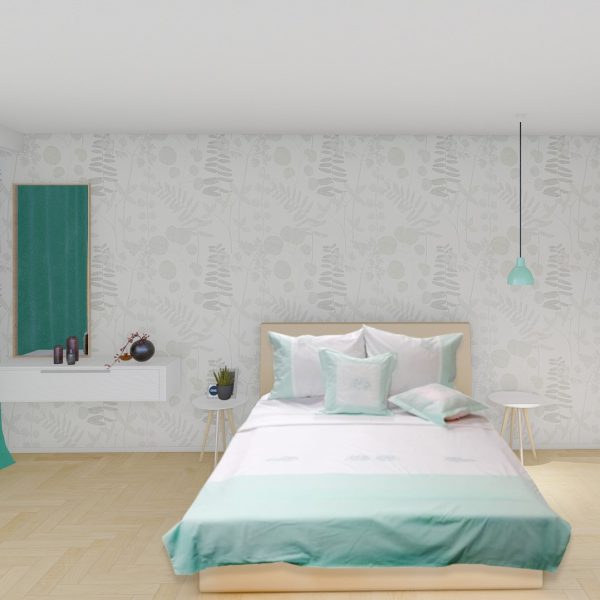 Lenjerie pat Lena, broderie, 6 piese, alb/turcoaz, bumbac ranforce 100% (1 husa pilota 200x220, 1cearsaf pat 260x280, 2 perna 50x70, 2 perne decorative 50x50)