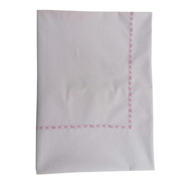 Cearsaf cu elastic pentru pat copii 80 x 190 x 30 cm, Casa Bucuriei, model gargarite, roz deschis, bumbac 100%, 140cm x 250 cm, chenar brodat