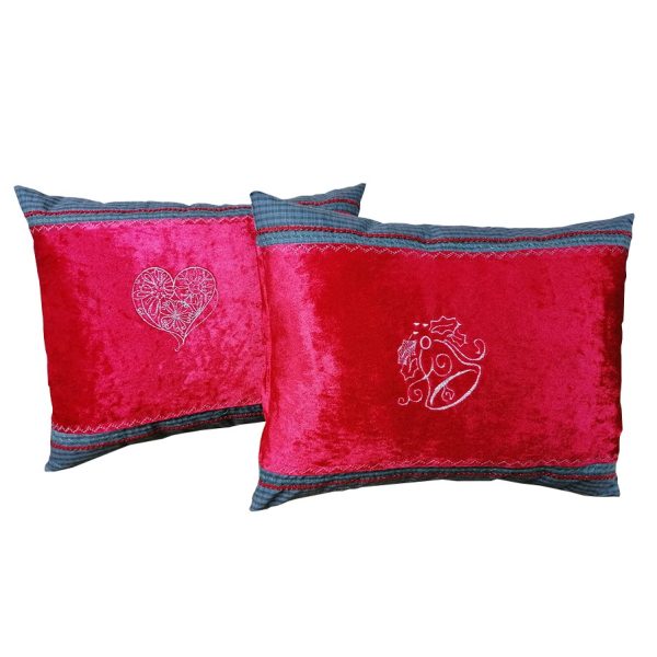 Set 2 perne decorative cusatura argintiu si broderie, rosu/gri, catifea si bumbac, 37x43