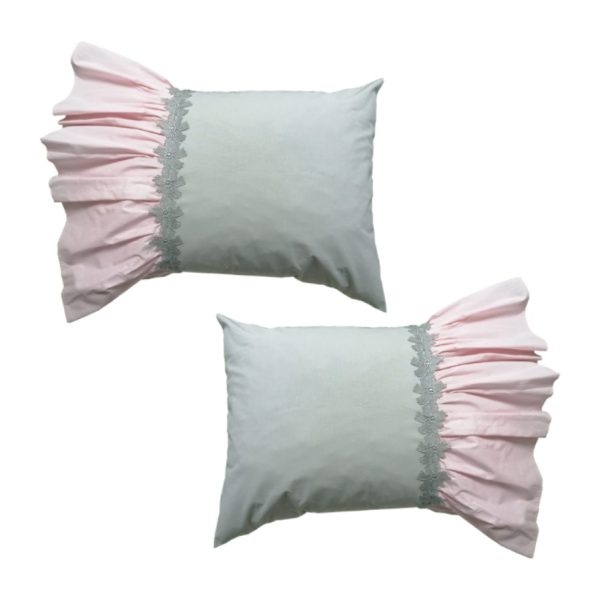 Set 2 x Husa perna decorativa Casa Bucuriei, dantela, roz/gri, bumbac 100%, 50x 70
