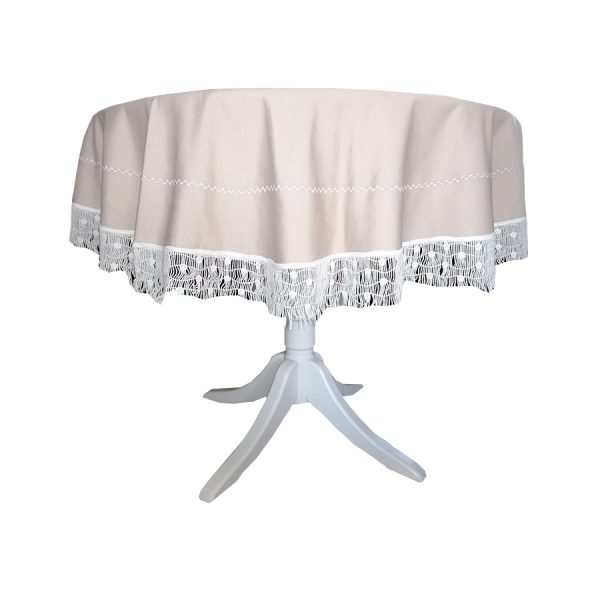 Fata de masa rotunda 220 diametrul, Casa Bucuriei, bej/alb, dantela bumbac