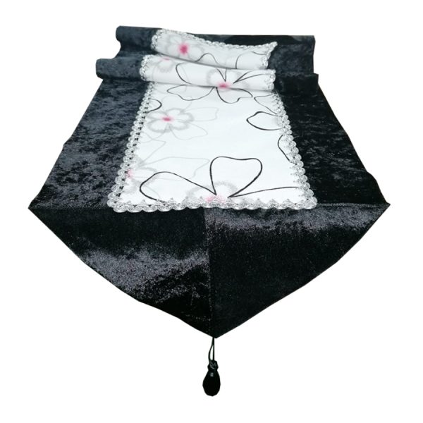 Traversa masa, alb/negru, catifea, 36 x 145, fata dubla