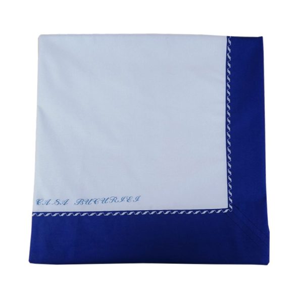 Cearsaf pat 280 cm x 300 cm, Casa Bucuriei, model Elegance, alb/albastru, bumbac natural 100%