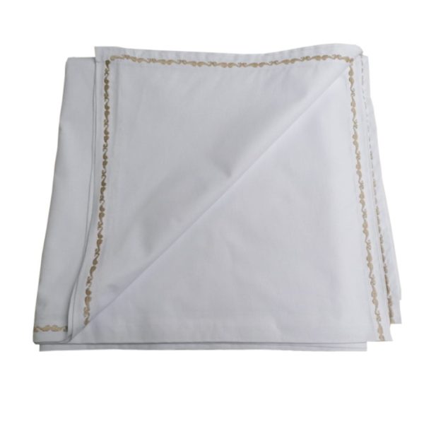 Cearsaf pat matrimonial, Baroc, broderie, alb/bej, bumbac satinat, 260 cm x 280 cm