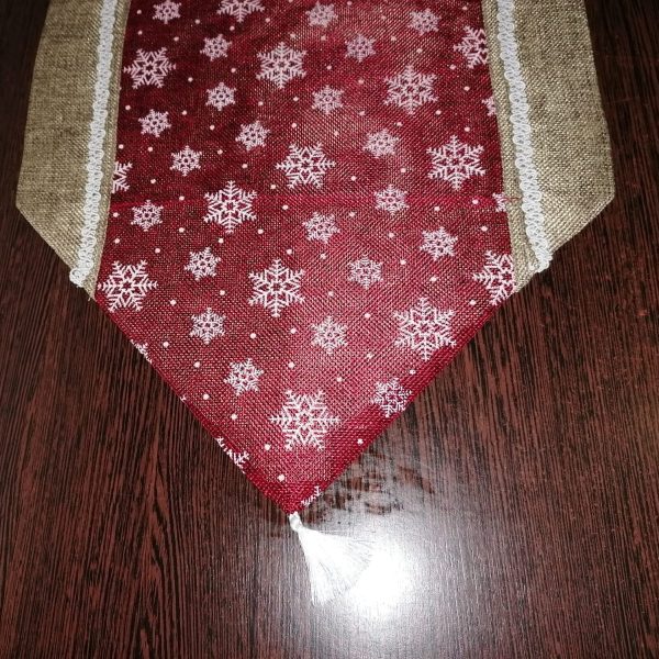 Traversa de masa Casa Bucuriei, model Design, bej/bordo, imitatie iuta, 34 x 120 cm