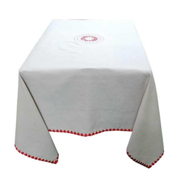 Fata de masa, broderie ghirlanda si bordura decorativa clopotei rosii, crem, imitatie in,130 x 130