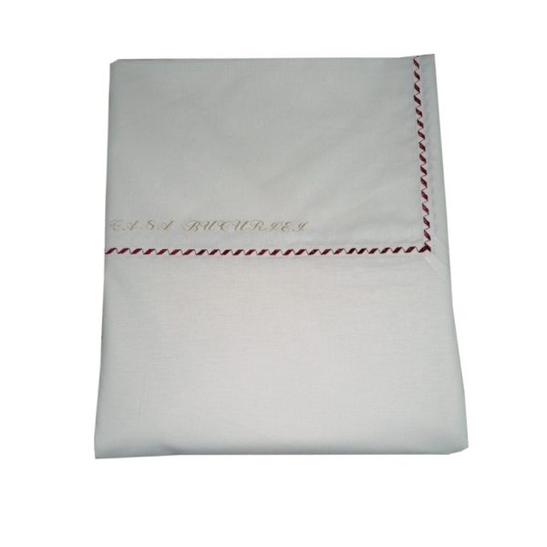 Cearsaf pat dublu 280 x 300 cm, Casa Bucuriei, model Elegance, ivory cu bordo, bumbac natural 100%, bordura decorativa