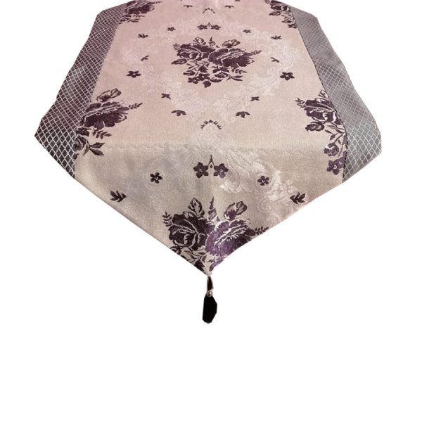 Traversa de masa Casa Bucuriei, model Floral, gri/mov, 42 x 85 cm