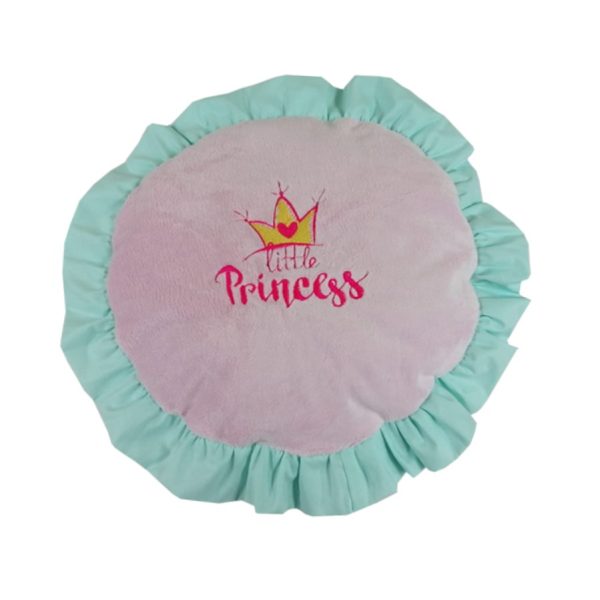 Perna decorativa pentru copii, cu broderie si volane, roz/vernil, plus minky, diametru 35cm