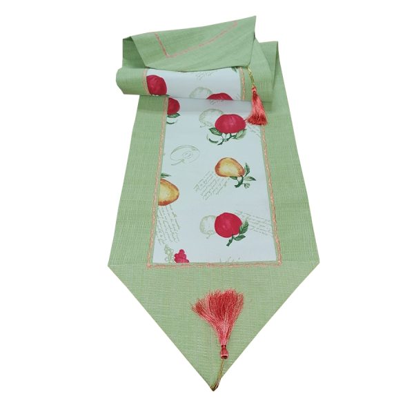 Traversa de masa Casa Bucuriei, model Fructe, verde/ivory, 33 x 145 cm, fata dubla