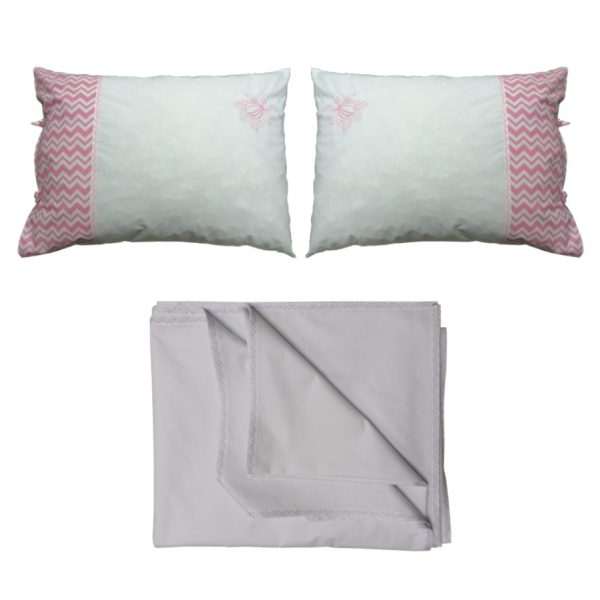 Set 1 x cearsaf pat si 2 x Husa perna brodata Lucy, bumbac ranforce 100%, ,alb/roz, 240/260 , 50/70