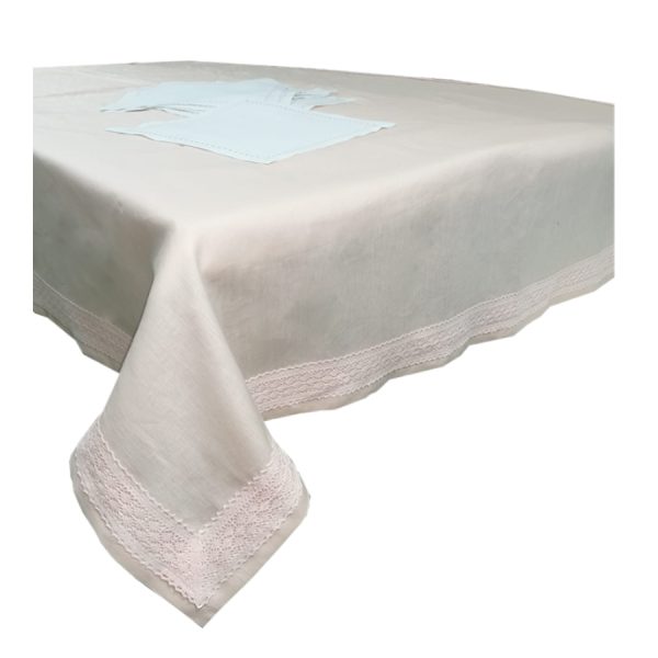 Set Fata de masa 170 x 240 cm si 12 servetele, Casa bucuriei, roz piersica, bumbac/in