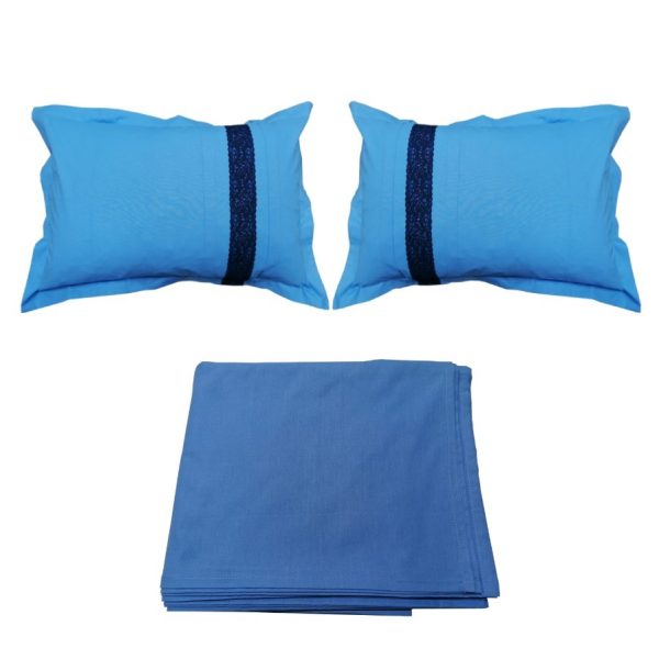Lenjerie pat Clasic Blue dantela bumbac brodata, 3 piese, albastru, bumbac,1 x cearsaf pat 220/240, 2 x fata perna 50/70