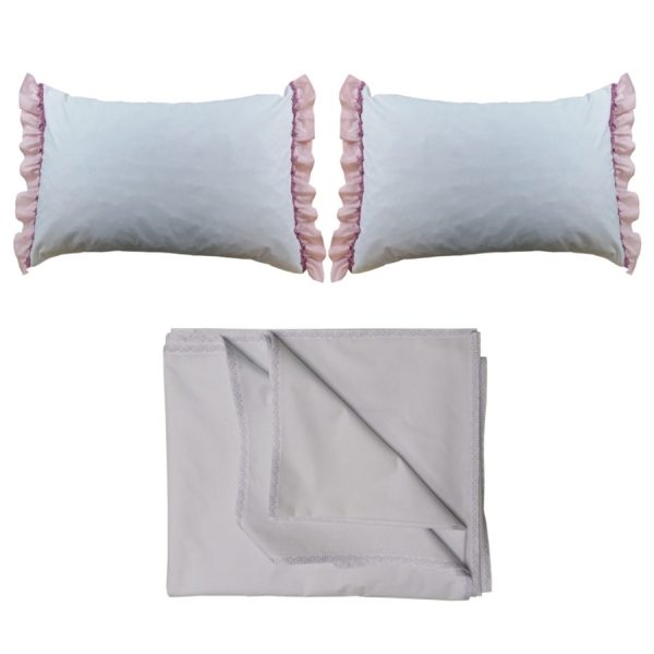 Set lenjerie pat king Casa Bucuriei, 3 piese, dantela guipure roz vintage si volane, alb/roz, bumbac percale100%, 1 x cearsaf pat 240/260 si 2 x husa perna 50/70