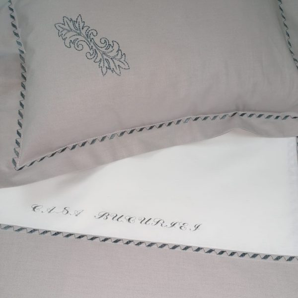 Cearsaf pat Casa Bucuriei, model Elegance, alb/gri, bumbac natural 100%, 280/300 cm