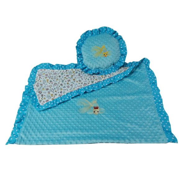 Paturica copii, fata dubla, broderie si volane cu buline, bleu turcoaz/alb, plus minky si muselina din bumbac 100%, 1 x patura 90/120cm