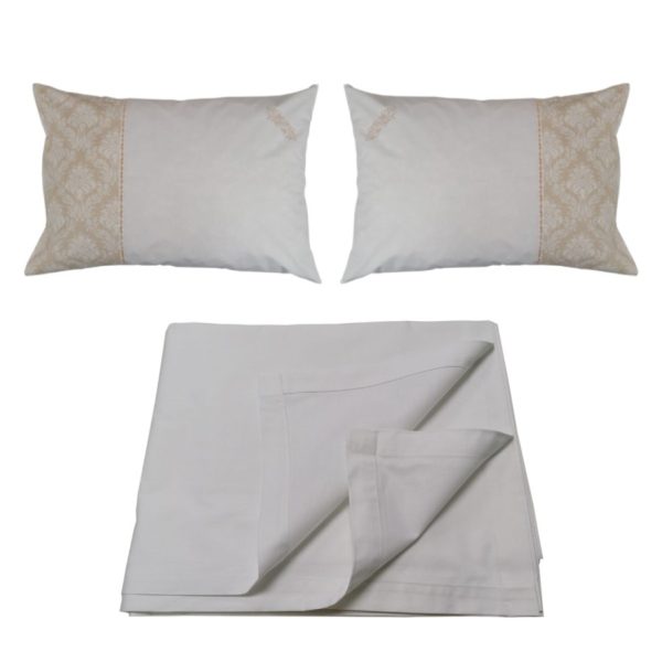 Lenjerie pat Baroc broderie, 3 piese, alb/crem, bumbac ranforce 100%, 1 x cearsaf pat 280/260, 2 x fata perna tip oxford 50/70