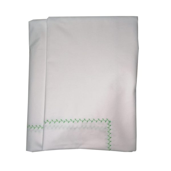 Cearsaf cu elastic pentru saltea 220 x 220 cm, Casa Bucuriei, model Poema, alb/verde, bumbac natural 100%, chenar decorativ