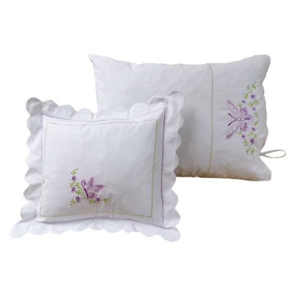 Set 2 x Husa de perna Fluturi, broderie, alb/multicolor, bumbac percale 100%, 50 x 70 si 50 x 50