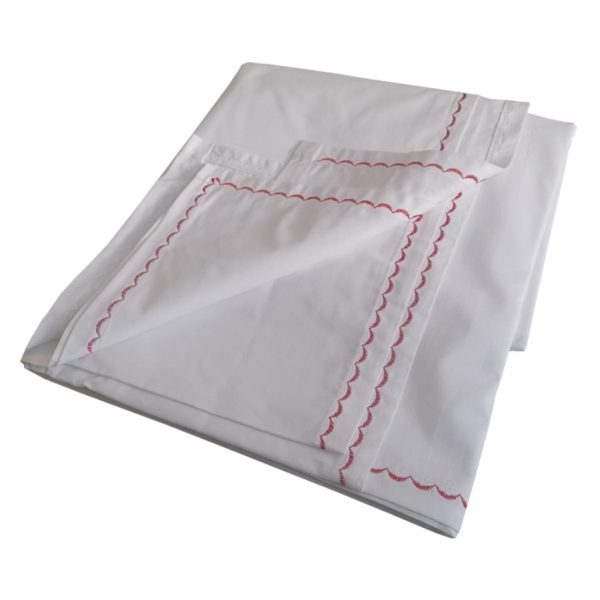 Cearsaf pat Luminita, cusatura decorativa, alb/rosu, bumbac 100% percale, 240/260